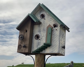 Post Mount Condo Birdhouse, SPECIAL ORDER, Large Rustic Bird House For Small Cavity Nesting Birds, Garden Art