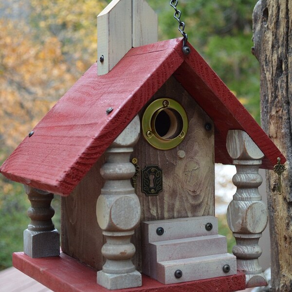 Decorative Handmade Birdhouse Functional for Cavity Nesting Garden Birds Unique Old World Church Vintage Spindle Pillars White Washed House