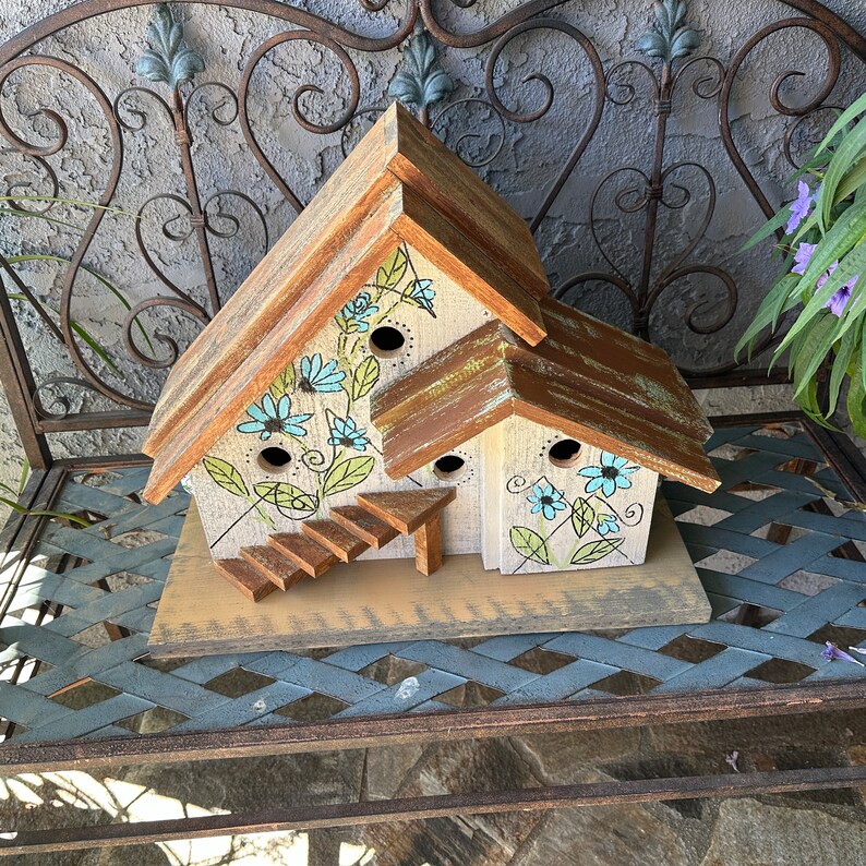 Post Mount Bird House for Outdoors, Rustic Hand Painted Birdhouse for