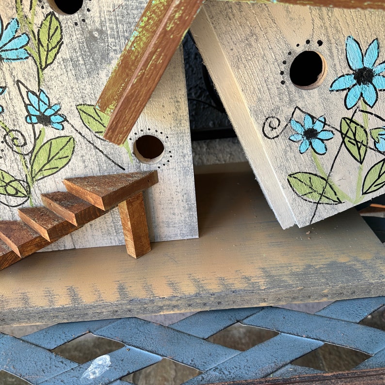 Post Mount Bird House for Outdoors, Rustic Hand Painted Birdhouse for
