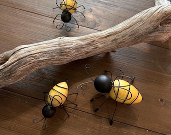 Hand-Painted Wooden Bumblebee Statue, Wood Honeybee with Wire Accents