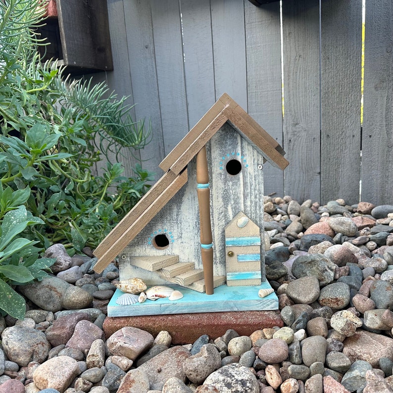 Large Post Mount Birdhouse, Rustic Mermaid Birdhouse, Cedar Wooden Birdhouse, Bird House Condo Coastal Birdhouse, Garden Birdhouse image 1