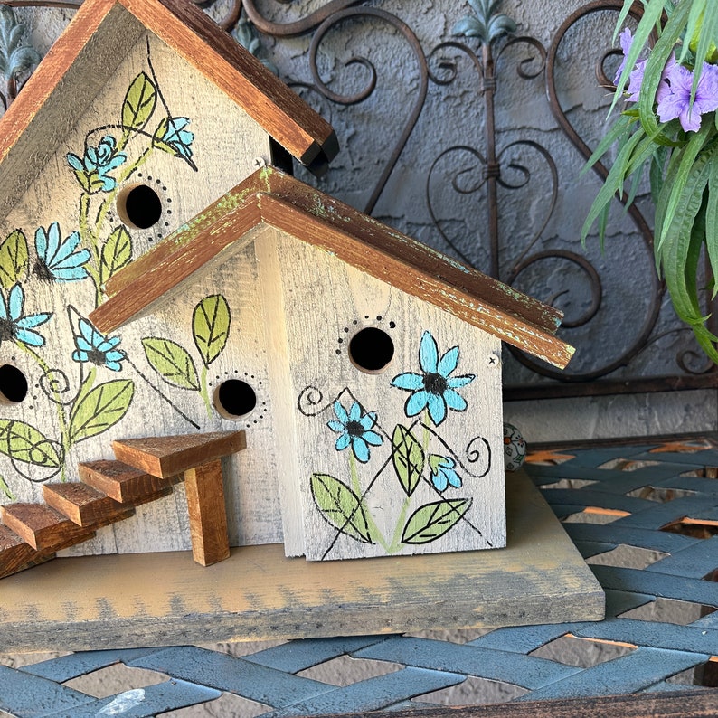 Post Mount Bird House for Outdoors, Rustic Hand Painted Birdhouse for