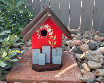 Rustic Birdhouse, Red, Functional Bird House, Outdoor Birdhouse, Bird House, Hand Painted, Artistic Birdhouse