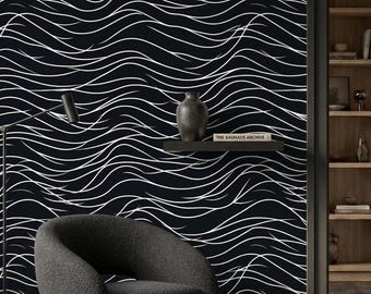 Modern Abstract Wavy Lines Black Wallpaper, Organic Wave Wall Mural, Minimalist Japandi Home Decor, Contemporary Textured Accent Wall