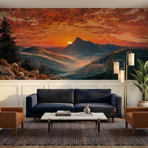 May include: A large wall mural depicting a sunset over a mountain range with a forest, rocky terrain, and bighorn sheep in the foreground. The sky is filled with vibrant orange and red clouds, while the valley below is covered in a light mist.