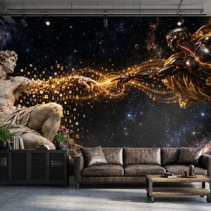 May include: A wall mural depicting a classical marble statue reaching toward a futuristic robotic figure against a deep space background. Golden binary code streams connect their fingers, set behind a brown leather sofa and wooden furniture.