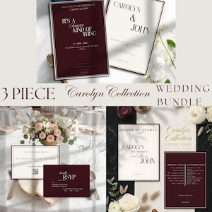 Op de afbeelding: Een trouwstationaire bundel met bordeauxrode en crèmekleurige kaarten. De set bevat uitnodigingen, RSVP-kaarten en een dagprogramma. De tekst bevat "Carolyn & John", "It's a forever kind of thing" en "Carolyn Collection Wedding Bundle".