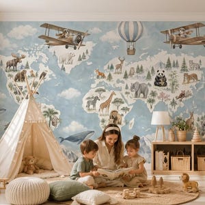 May include: A wall mural featuring a world map with watercolour illustrations of various animals, hot air balloons, and vintage aeroplanes against a light blue sky background. The map displays continents populated with wildlife like elephants, pandas, and whales.
