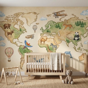 May include: A wall mural featuring a vintage-style world map with watercolour illustrations of animals, including a bear, moose, tiger, panda, camel, giraffe, and zebra, alongside hot air balloons and aeroplanes, set behind a light wood baby crib.