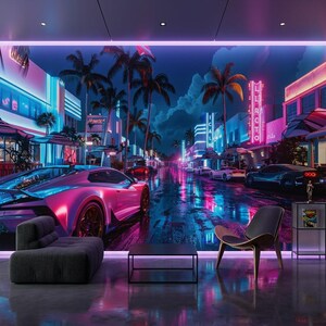 May include: A wall mural depicting a neon-lit city street at night with palm trees, a sleek sports car in the foreground, and reflective wet pavement. The scene includes a dark gray modular sofa, a black coffee table, and a black accent chair.