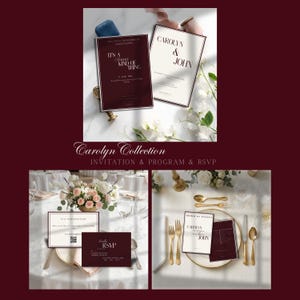 Op de afbeelding: Trouwuitnodigingsset met bordeauxrode en crèmekleurige kaarten met gouden accenten. De tekst bevat "Carolyn & John", "It's a Forever Kind of Thing" en "RSVP". De set bevat ook een programma en tafelkaarten.