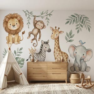 Watercolor Safari Animals Nursery Wall Decals, Neutral Jungle Baby Room Mural