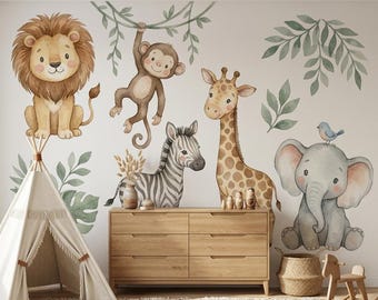 Watercolor Safari Animals Nursery Wall Decals, Neutral Jungle Baby Room Mural