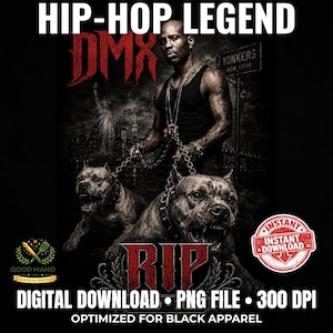 Op de afbeelding: Een digitale afbeelding met de rapper DMX met de tekst HIP-HOP LEGEND en RIP. De afbeelding toont DMX die twee honden aan kettingen vasthoudt tegen een donkere achtergrond met een Yonkers straatnaambord en het Vrijheidsbeeld. Bevat tekst INSTANT DOWNLOAD.