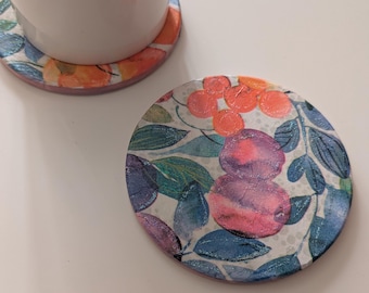 Fruit Botanical Coaster - Kitchen Ceramic Coaster, Rustic Home Decor, Colourful Aesthetic