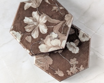 Vintage Floral Hexagon Coaster - Elegant Brown Flower Marble Coaster, Cottagecore Home Décor, Neutral Tableware Gift