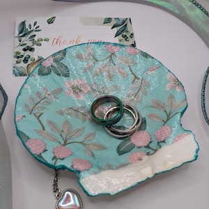 Bandeja para joyas Pink Mint - Soporte para joyas con forma de concha de vieira floral, regalo para ella.