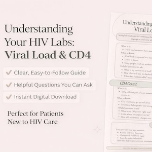 May include: A digital PDF guide titled "Understanding Your HIV Labs: Viral Load & CD4." The guide includes sections on viral load, CD4 count, and CD4 percentage, with clear explanations and helpful questions. It is an instant digital download.