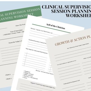 May include: A stack of three worksheets for clinical supervision sessions. The top sheet has a green banner with the text "Clinical Supervision Session Planning Worksheet." The other sheets include prompts for self-reflection and action planning.