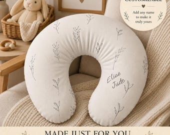 Personalized Nursing Pillow Cover Neutral Botanical Baby Nursery Breastfeeding Shower Gift