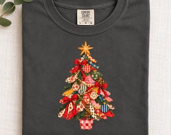 Patchwork Christmas Tree Shirt, Colorful Retro Christmas Tee, Vintage Inspired Holiday Shirt, Whimsical Christmas Comfort Colors T-Shirt