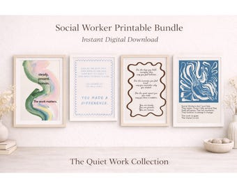 May include: A collection of four framed prints with inspirational quotes and abstract art. The prints feature text like "steady, present, human" and "You made a difference." The color palette includes blues, greens, and browns.