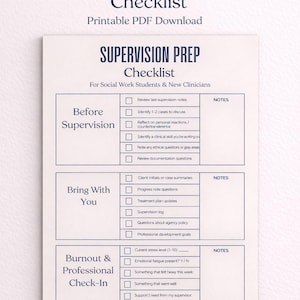 Op de afbeelding: Een afdrukbare PDF-checklist getiteld "Supervision Prep Checklist" voor studenten sociaal werk en nieuwe clinici. De checklist bevat secties voor vóór supervisie, mee te nemen items en een burnout- en professionele check-in. Ontworpen door The Practice & Purpose Co.