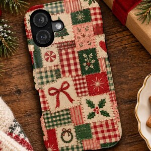 Vintage Christmas Patchwork Phone Case, Quilted Holiday Plaid Design, Cozy Cottagecore iPhone 18 Case, MagSafe Compatible Gift