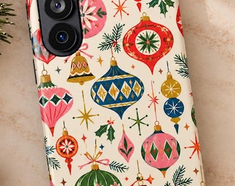 Retro Christmas Ornament Phone Case, Vintage Holiday Bauble Print, Colorful Christmas iPhone 18 Case, MagSafe Compatible Gift