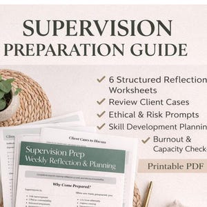 Op de afbeelding: Een wit document getiteld "SUPERVISION PREPARATION GUIDE" met een lijst met functies, waaronder "6 gestructureerde reflectiewerkbladen" en "Burnout & Capacity Check-In". Het document ligt op een geweven mat met een kleine potplant.