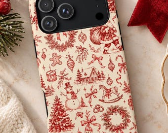 Vintage Christmas Toile Phone Case, Red and Cream Holiday Phone Cover, Nostalgic Christmas Gift, MagSafe Compatible