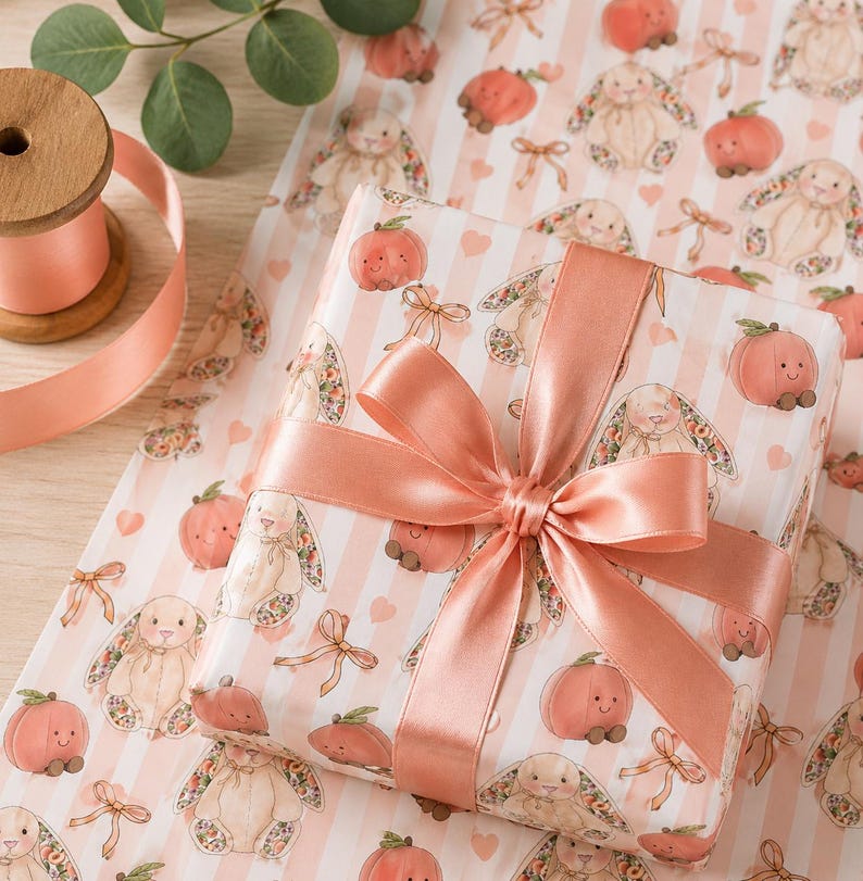 May include: A wrapped gift with a peach-colored satin ribbon and bow. The wrapping paper features a pattern of bunnies, peaches, and bows on a white and pink striped background. A spool of peach ribbon is in the upper left corner.