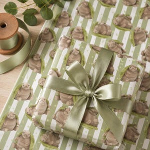 May include: Gift-wrapped present with a sage green satin bow, placed on matching wrapping paper. The paper features a repeating pattern of cartoon turtles on a white and green striped background. A wooden spool of ribbon and greenery are in the background.