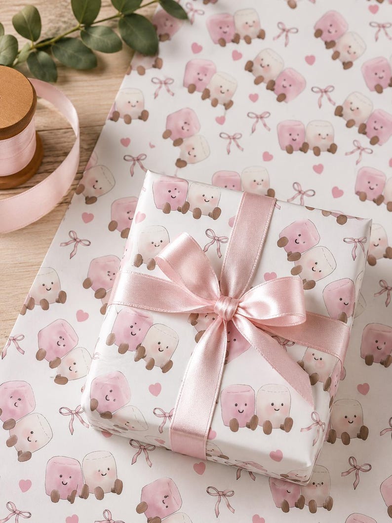 May include: A wrapped gift with a pink satin ribbon and bow sits on a sheet of matching wrapping paper. The paper features a repeating pattern of smiling marshmallow characters in pink and white, with small hearts and bows.