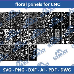 Può includere: Una collezione di pannelli floreali in bianco e nero per macchine CNC. I pannelli presentano vari motivi botanici, tra cui foglie, fiori e forme astratte. Il testo in alto recita "floral panels for CNC".