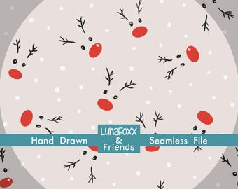 Peut inclure: Un motif sans couture avec des visages de rennes de dessin animé avec des nez rouges et des bois noirs sur un fond gris clair avec des points blancs. Le texte "Hand Drawn" et "Seamless File" sont inclus.