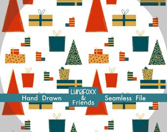 Christmas Tree & Gift Seamless Pattern | Hand-Drawn Scandinavian Holiday (Instant Download)