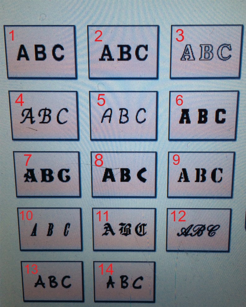 May include: A grid of fourteen rectangular boxes, each containing the letters ABC in a distinct black typeface. The boxes are numbered in red from 1 to 14, showcasing various font styles including serif, sans-serif, script, and gothic lettering.