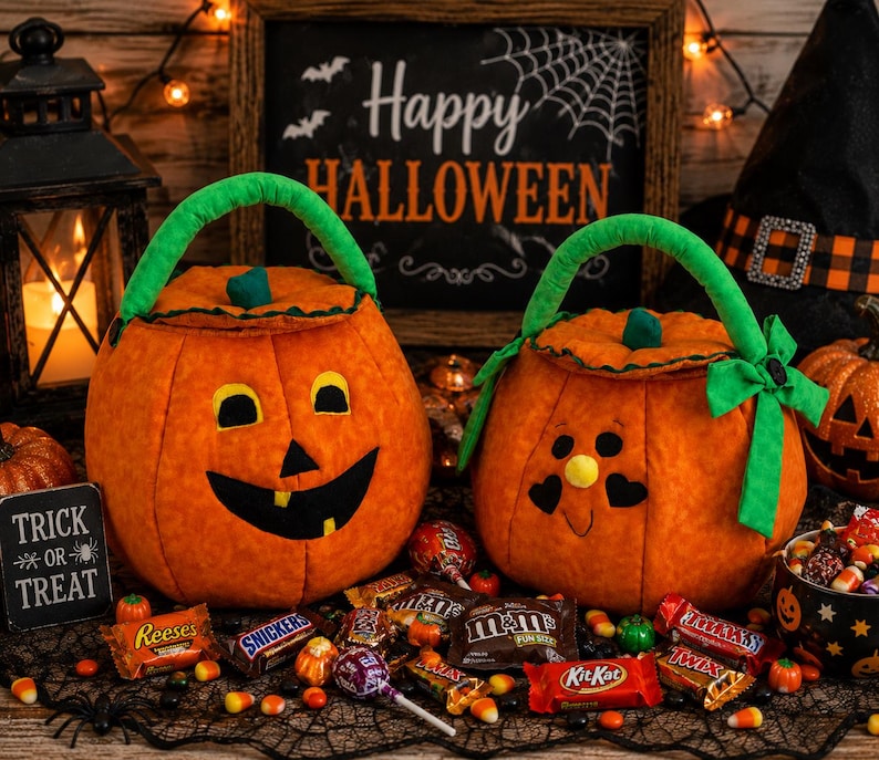 May include: Two plush orange pumpkin-shaped candy buckets with green fabric handles. One pumpkin features a classic jack-o'-lantern face with black eyes and a toothy grin, while the other has a smiling face with heart-shaped eyes and a green bow.