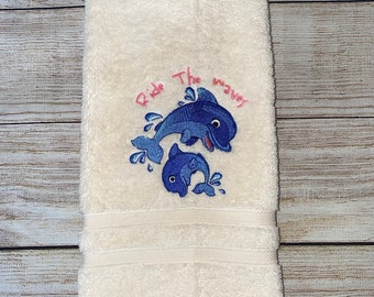 Dolphin Waves Embroidered Hand Towel or Washcloth