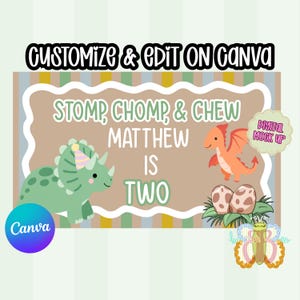 Op de afbeelding: Een digitale verjaardagskaart met een dinosaurus thema. Het ontwerp toont een groene triceratops, een oranje draak en de tekst "STOMP, CHOMP & CHEW" en "MATTHEW IS TWO". Het Canva logo is zichtbaar.