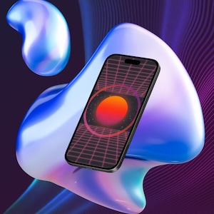 Op de afbeelding: Een zwarte smartphone met een retro zonsondergangafbeelding op het scherm, tegen een achtergrond van abstracte, iriserende vormen. Het scherm toont een rode en oranje zon met een rasterpatroon.