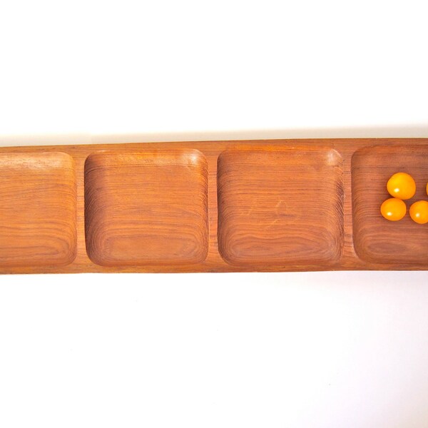 SALE Mid-century Hand-carved Long Wooden Teak Tray with Four Compartments