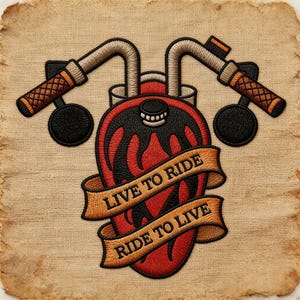 Live to Ride Motorcycle Embroidered Patch | Biker Iron On Patch | Vintage Engine Heart Embroidery | Jacket Vest Patch | Rider Gift