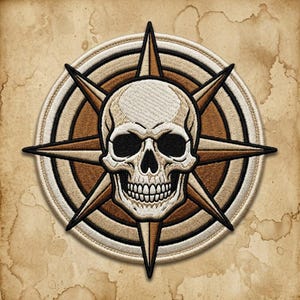 May include: Embroidered patch featuring a skull at the center of a compass rose design. The skull is off-white with black eye sockets and a detailed jawline. The compass rose has brown and tan accents, with sharp points extending outward.