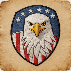 May include: Embroidered patch featuring a detailed eagle head with a stern expression. The design incorporates a blue border with white stars, red and white stripes, and a white and yellow eagle. The patch is shield-shaped.