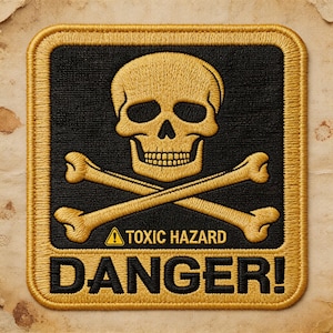 May include: Embroidered patch featuring a gold skull and crossbones on a black background, with the words "TOXIC HAZARD" and "DANGER!" in gold. The patch has a gold border and is square-shaped.