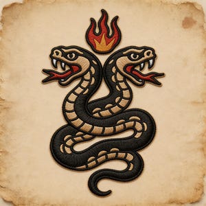 May include: Embroidered patch featuring two black snakes with tan markings, red tongues, and open mouths, topped with a red and yellow flame. The patch is on a parchment-style background, showcasing a classic tattoo design.