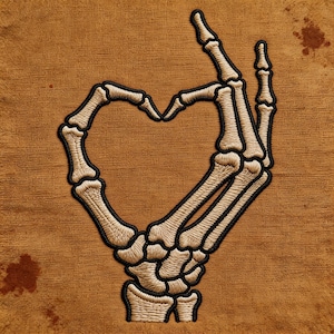 Skeleton Hand Heart Embroidered Patch | Iron On Applique | Gothic Love Skull Bones Patch | Jacket Backpack Jeans DIY Embroidery